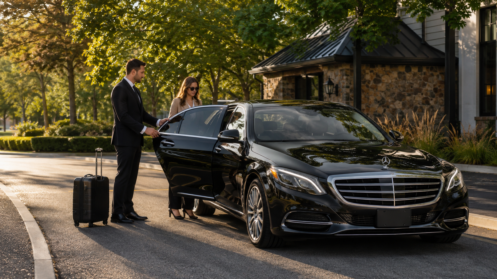 Black luxury airport limo sedan outside a modern terminal in Aberfoyle, Ontario