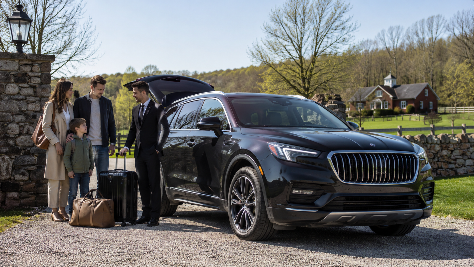 Professional chauffeur opening a luxury SUV for a traveller in Acton, Ontario