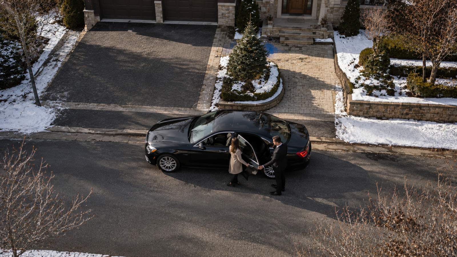 Airport limo with passenger luggage outside a Alban, Ontario pickup location
