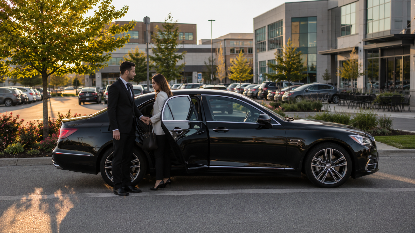 Black limousine parked on a Ancaster, Ontario town street for airport transfer
