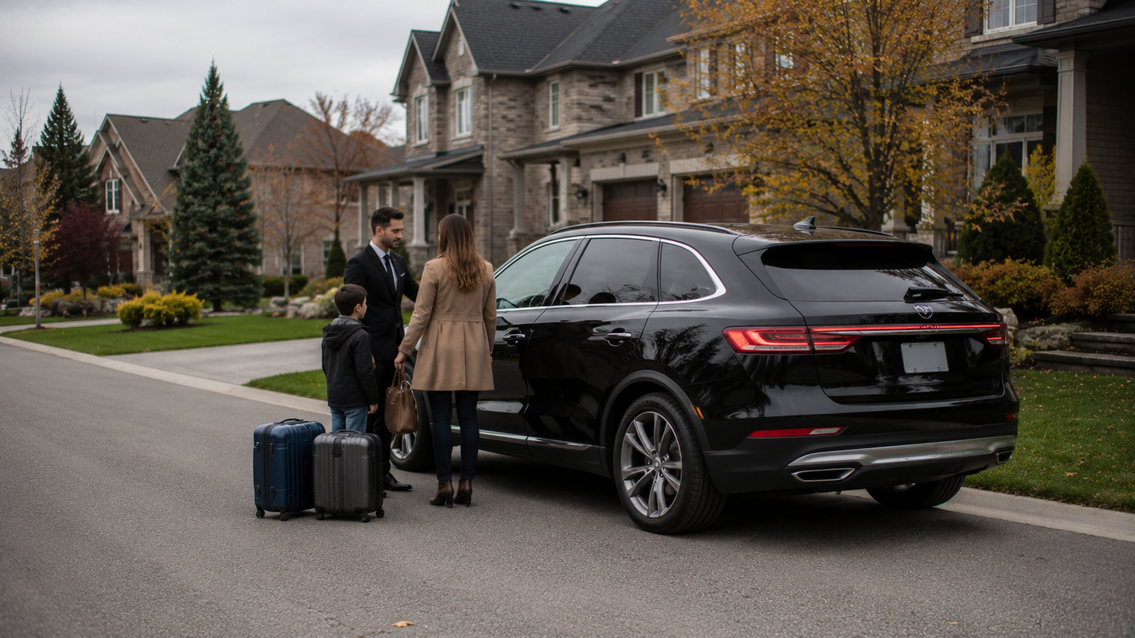 Luxury airport transfer vehicle arriving at a Angus, Ontario residential pickup