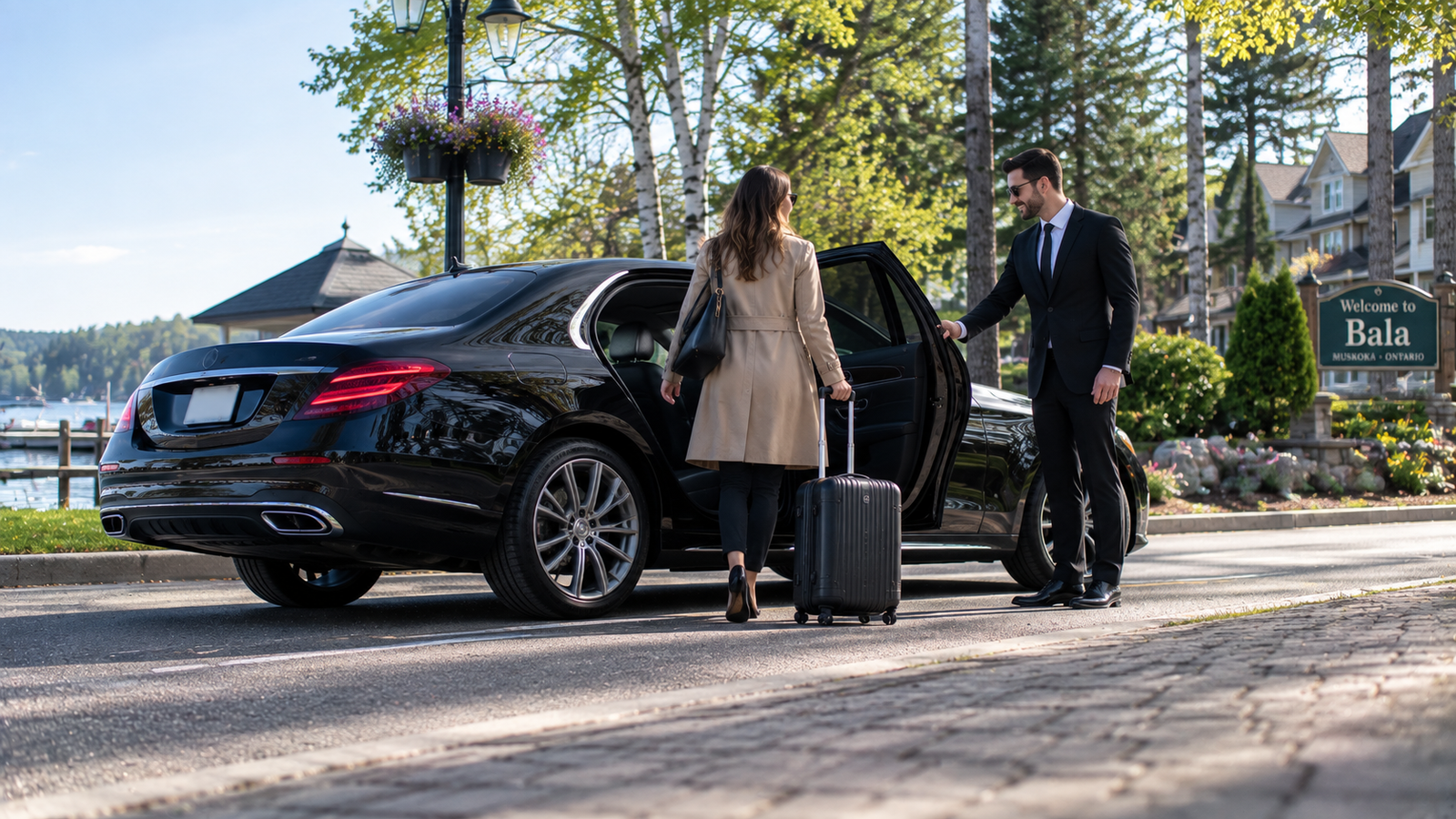 Black luxury airport limo sedan outside a modern terminal in Bala, Ontario