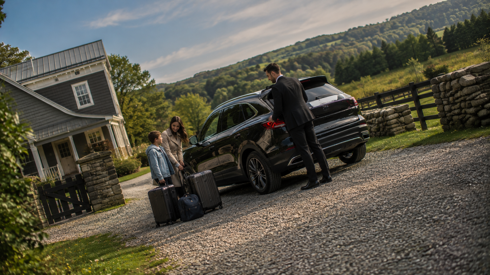 Professional chauffeur opening a luxury SUV for a traveller in Bancroft, Ontario