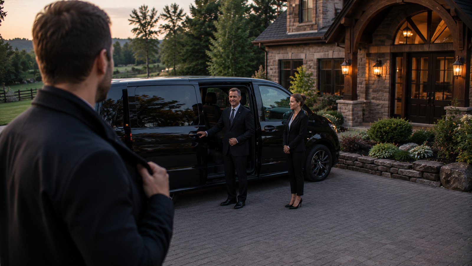 Chauffeur assisting a traveller beside a luxury airport car in Beaverton, Ontario