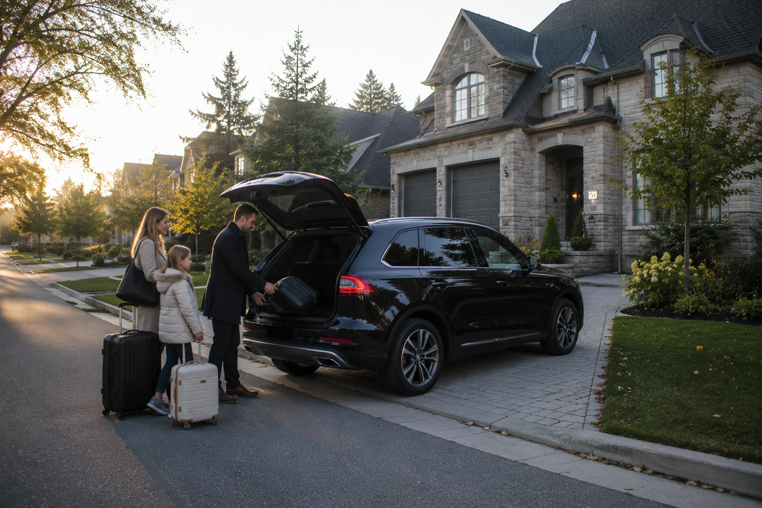 Luxury airport transfer vehicle arriving at a Berkley, Ontario residential pickup