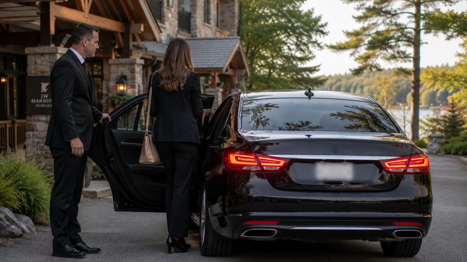 Black luxury airport limo sedan outside a modern terminal in Bracebridge, Ontario