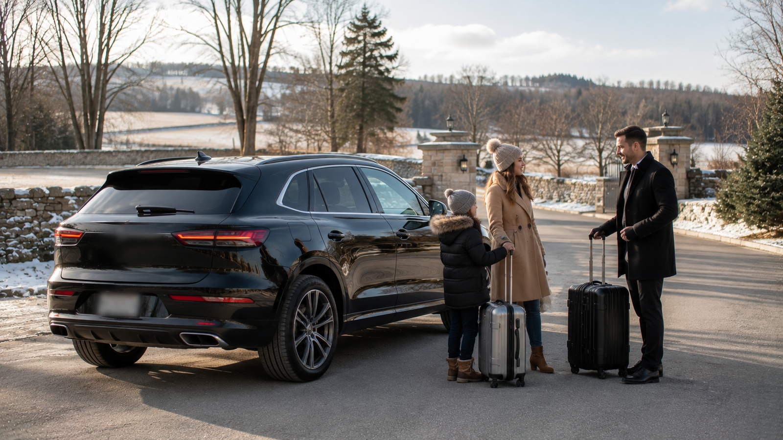 Professional chauffeur opening a luxury SUV for a traveller in Bradford, Ontario