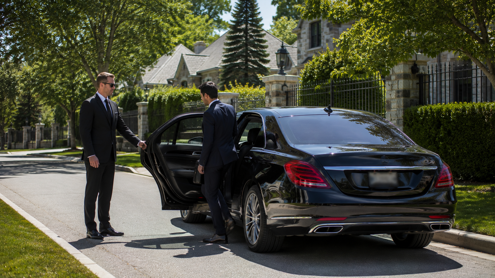 Airport limo with passenger luggage outside a Brant, Ontario pickup location