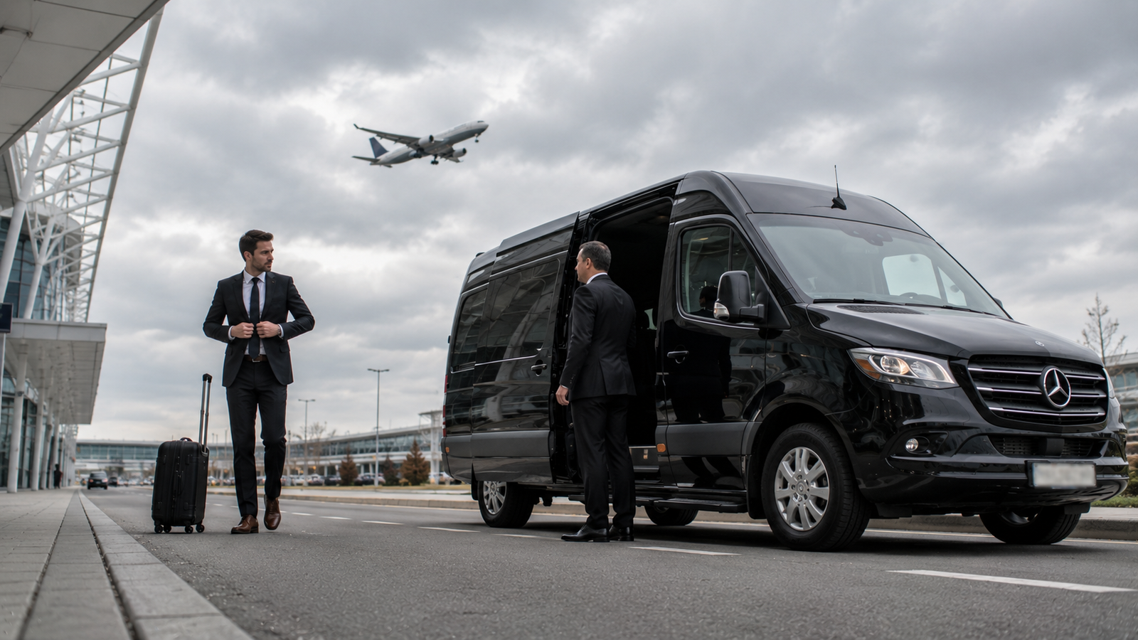 Chauffeur assisting a traveller beside a luxury airport car in Breslau, Ontario