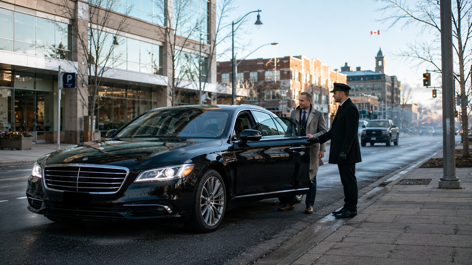 Black limousine parked on a Brockville, Ontario town street for airport transfer