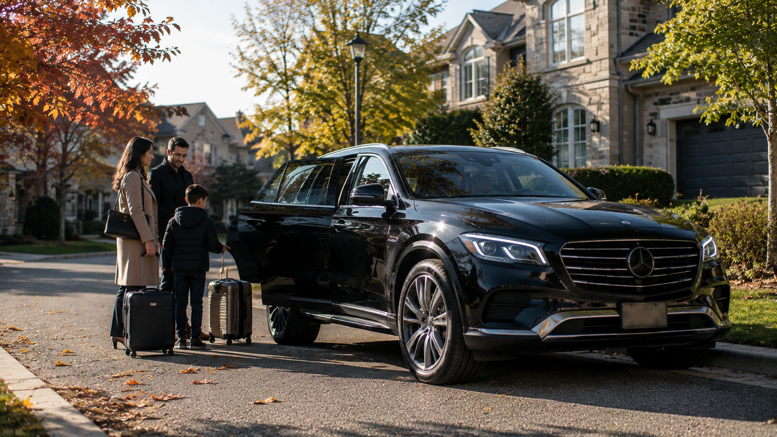 Luxury airport transfer vehicle arriving at a Burlington, Ontario residential pickup