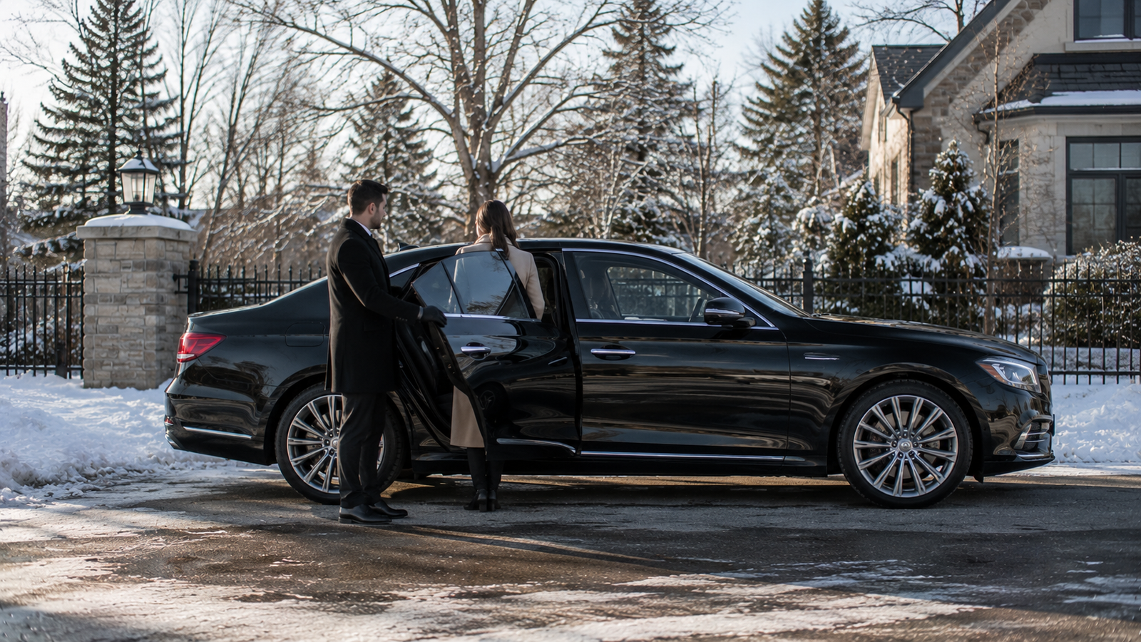 Black luxury airport limo sedan outside a modern terminal in Casselman, Ontario