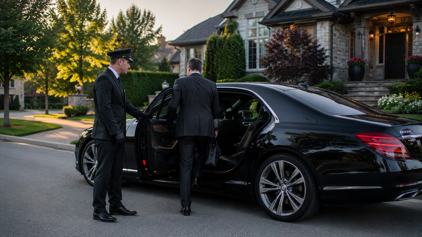 Airport limo with passenger luggage outside a Clarington, Ontario pickup location
