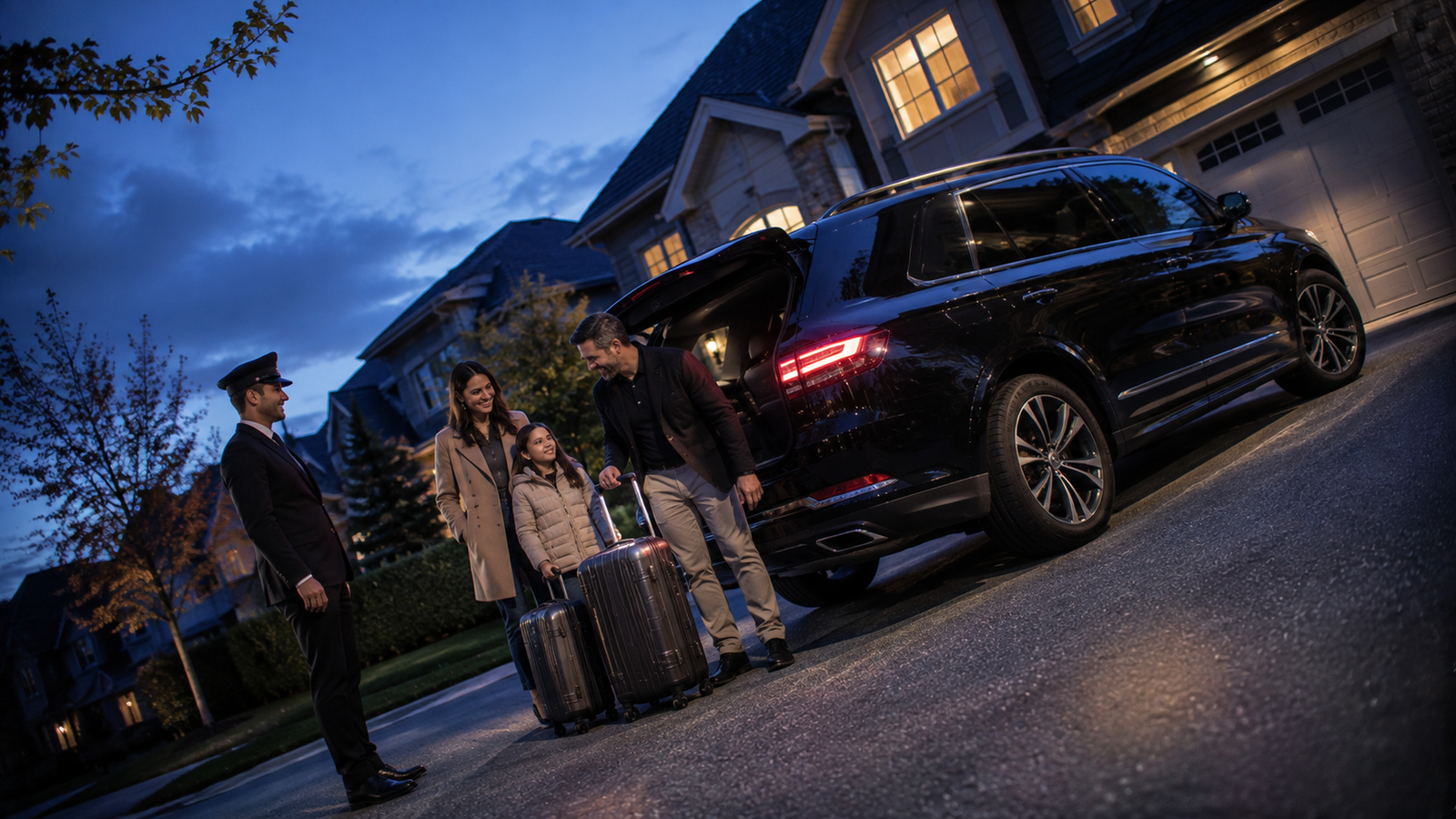 Luxury airport transfer vehicle arriving at a Concord, Ontario residential pickup