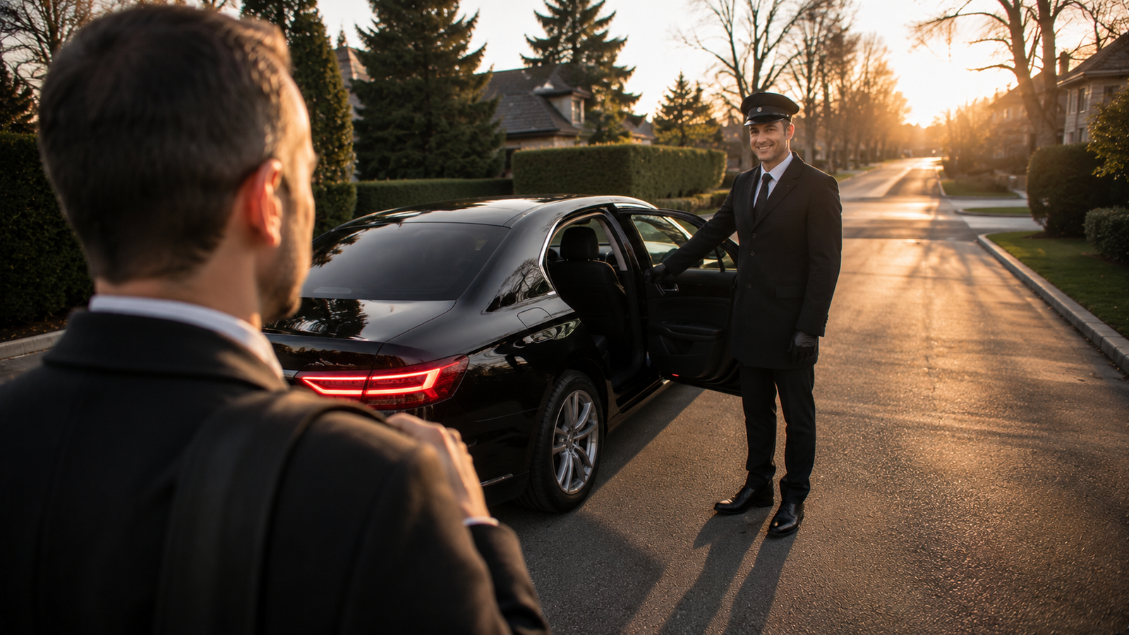 Black luxury airport limo sedan outside a modern terminal in Dundalk, Ontario