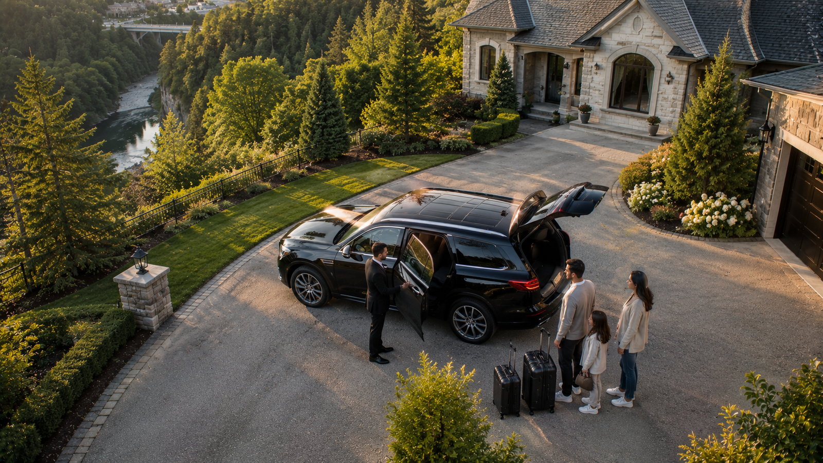 Luxury airport transfer vehicle arriving at a Elora, Ontario residential pickup