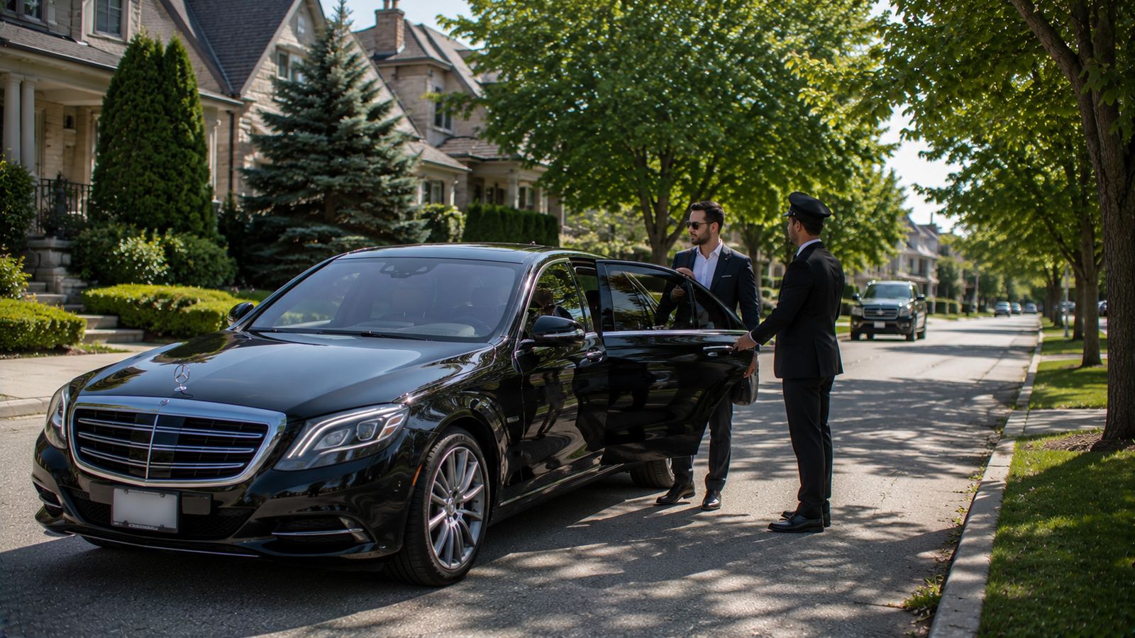 Black luxury airport limo sedan outside a modern terminal in Fonthill, Ontario