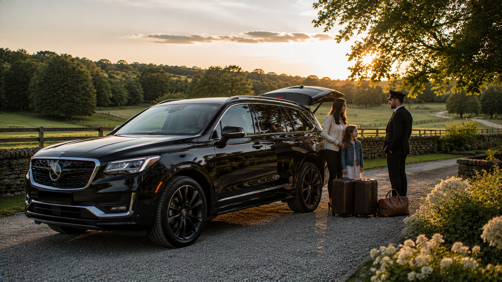 Professional chauffeur opening a luxury SUV for a traveller in Georgetown, Ontario
