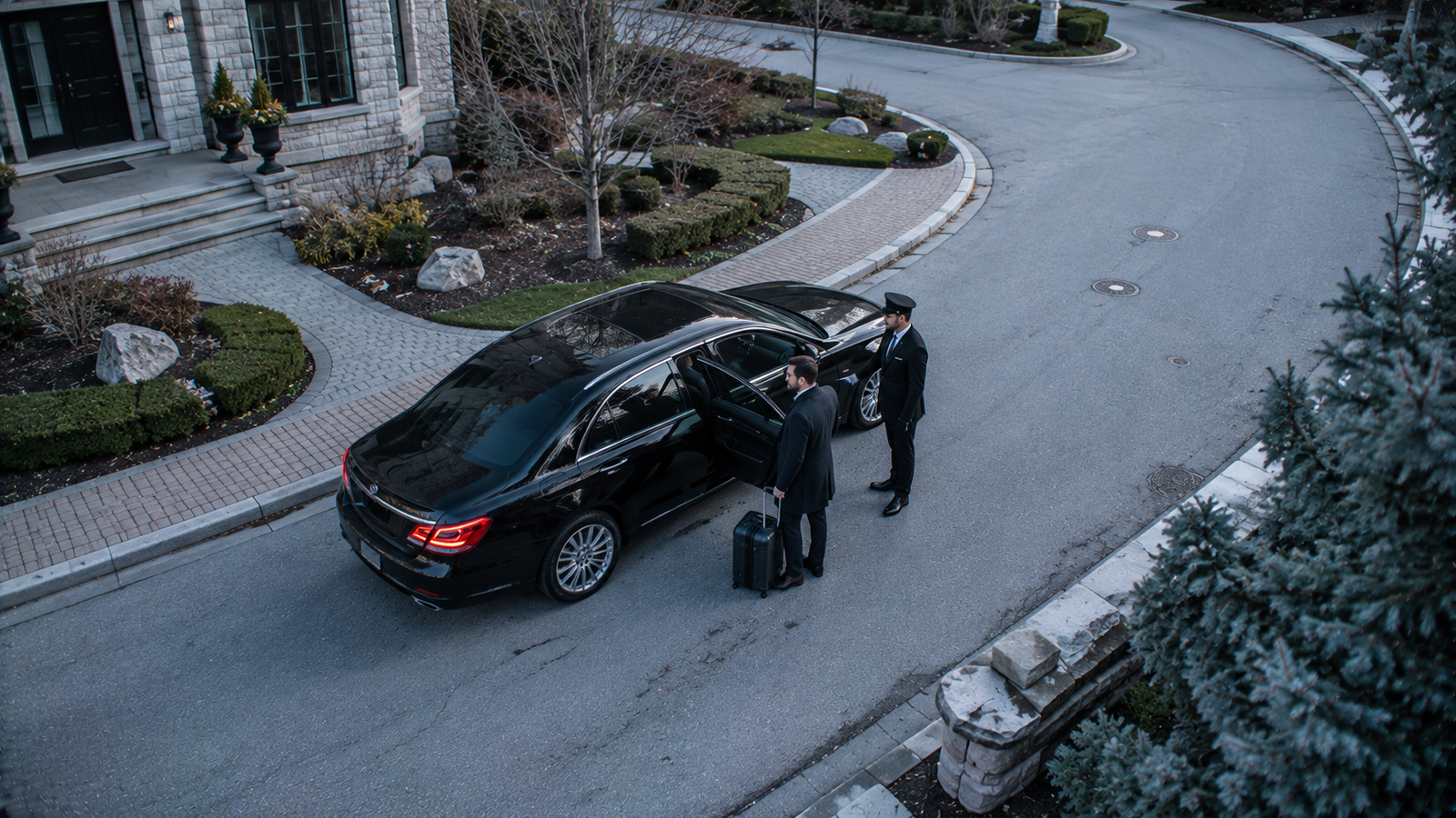 Airport limo with passenger luggage outside a Goderich, Ontario pickup location