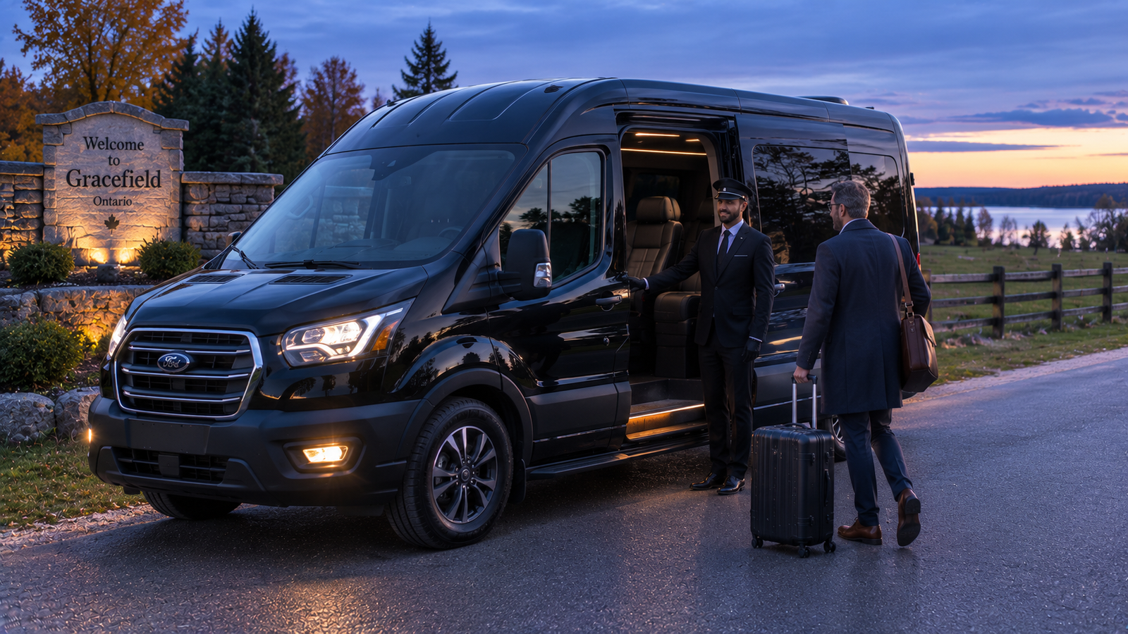 Chauffeur assisting a traveller beside a luxury airport car in Gracefield, Ontario