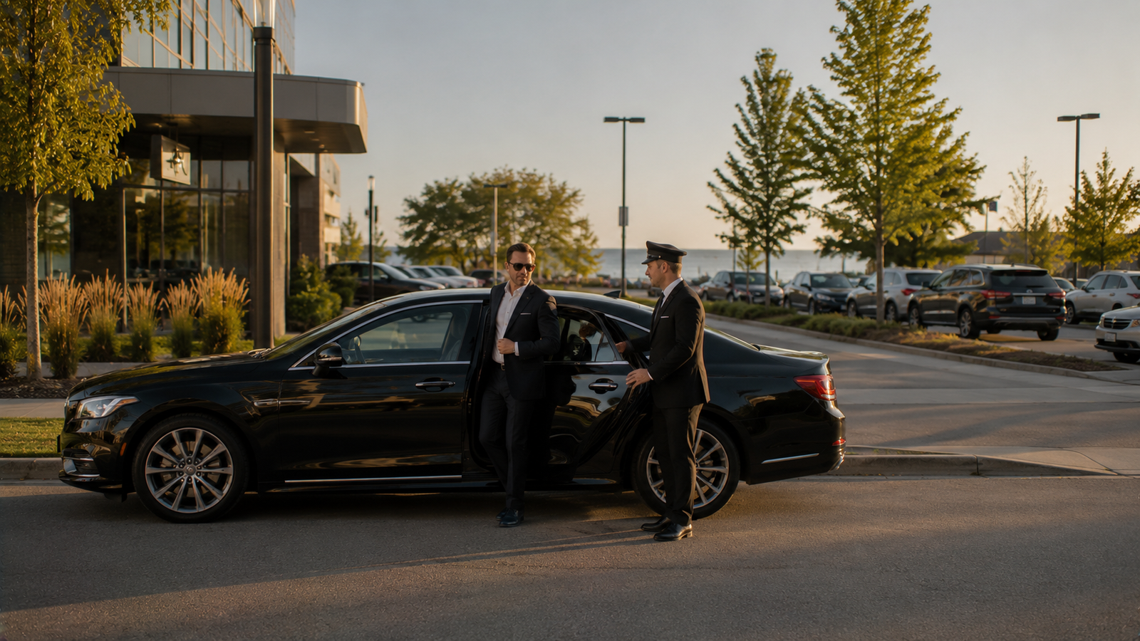 Black limousine parked on a Grand Bend, Ontario town street for airport transfer
