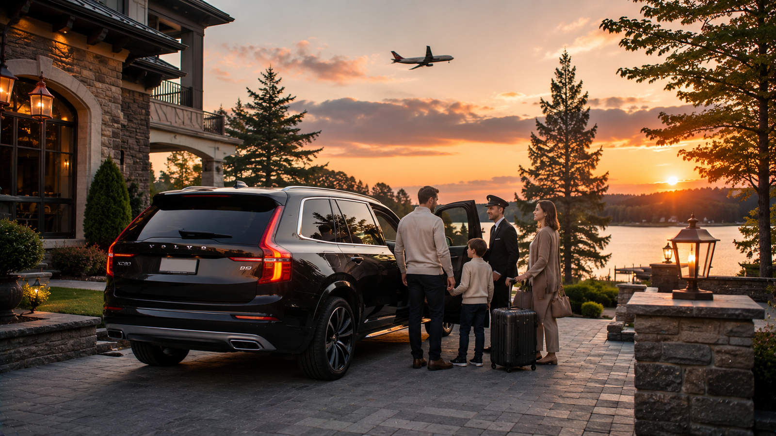 Luxury airport transfer vehicle arriving at a Gravenhurst, Ontario residential pickup
