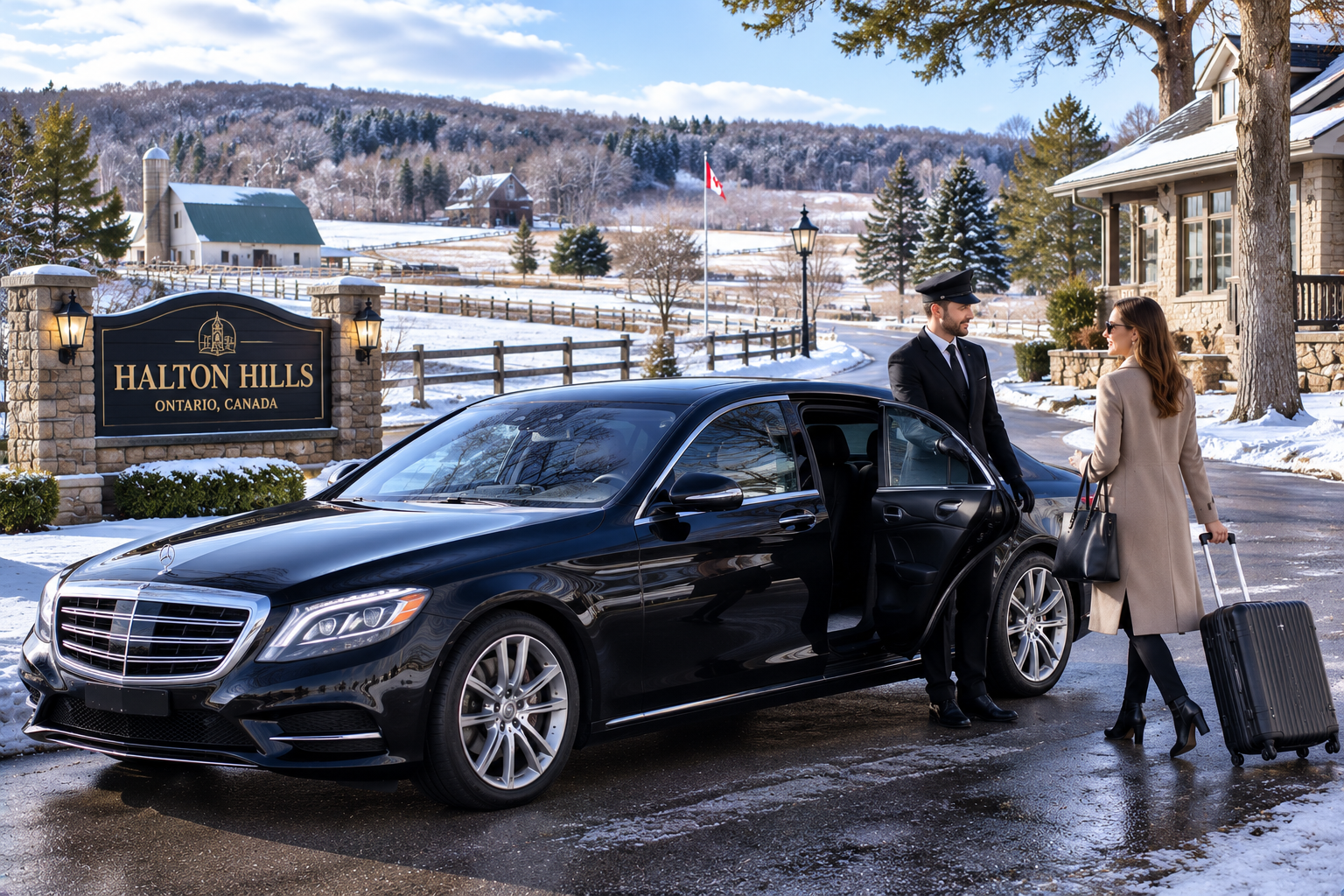 Passenger entering a premium airport limo during a Halton Hills, Ontario transfer