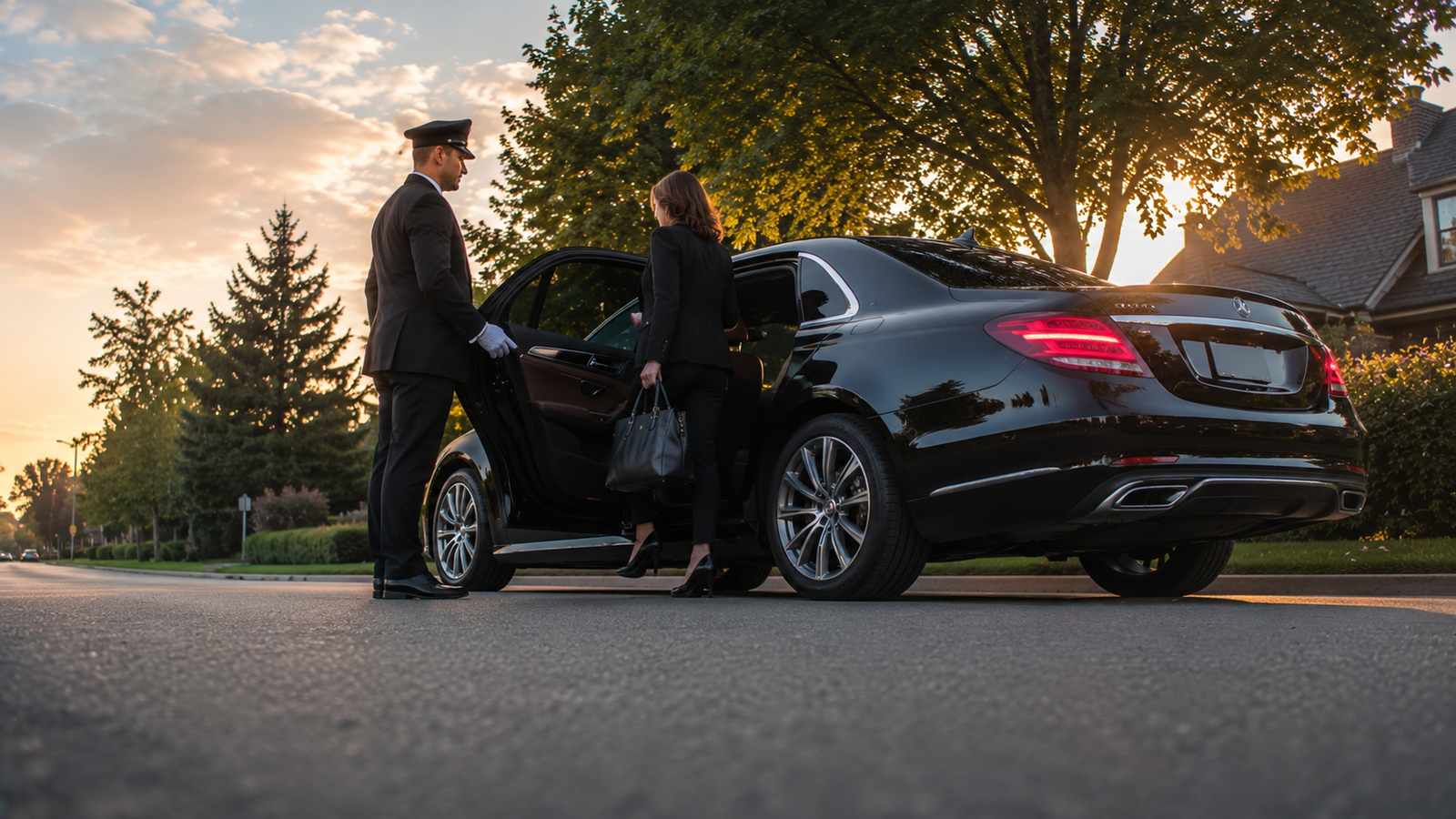 Black luxury airport limo sedan outside a modern terminal in Hockley-Valley, Ontario