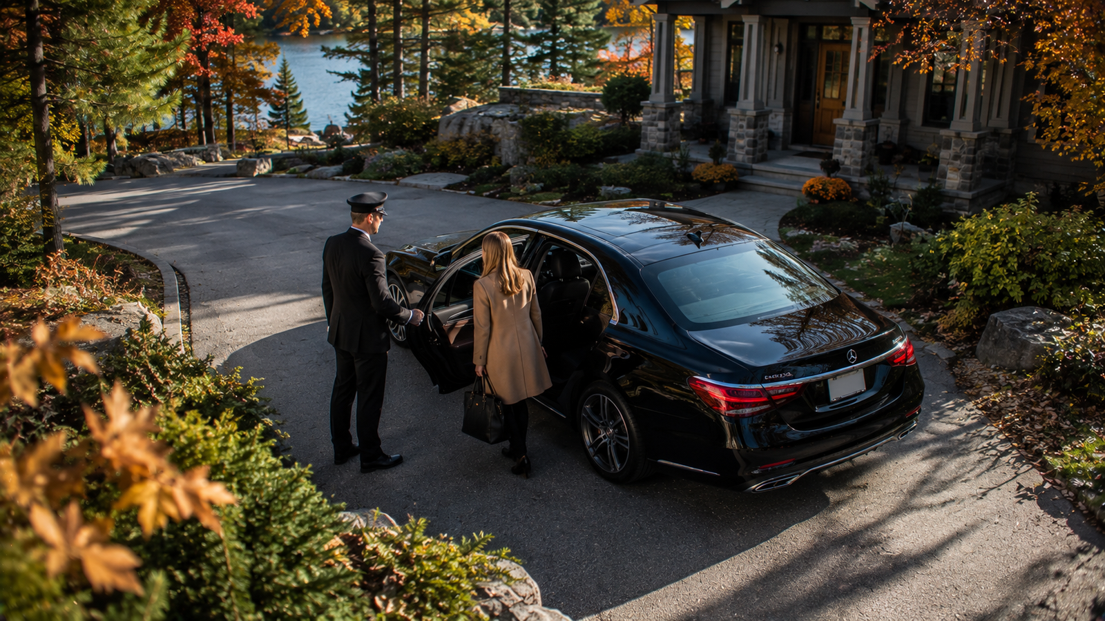 Airport limo with passenger luggage outside a Huntsville, Ontario pickup location