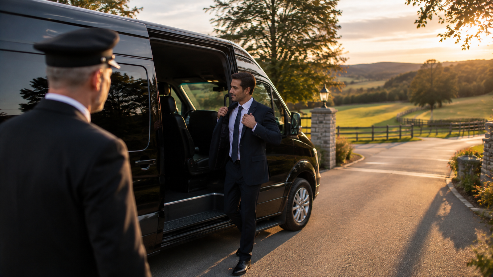 Chauffeur assisting a traveller beside a luxury airport car in Jackson, Ontario