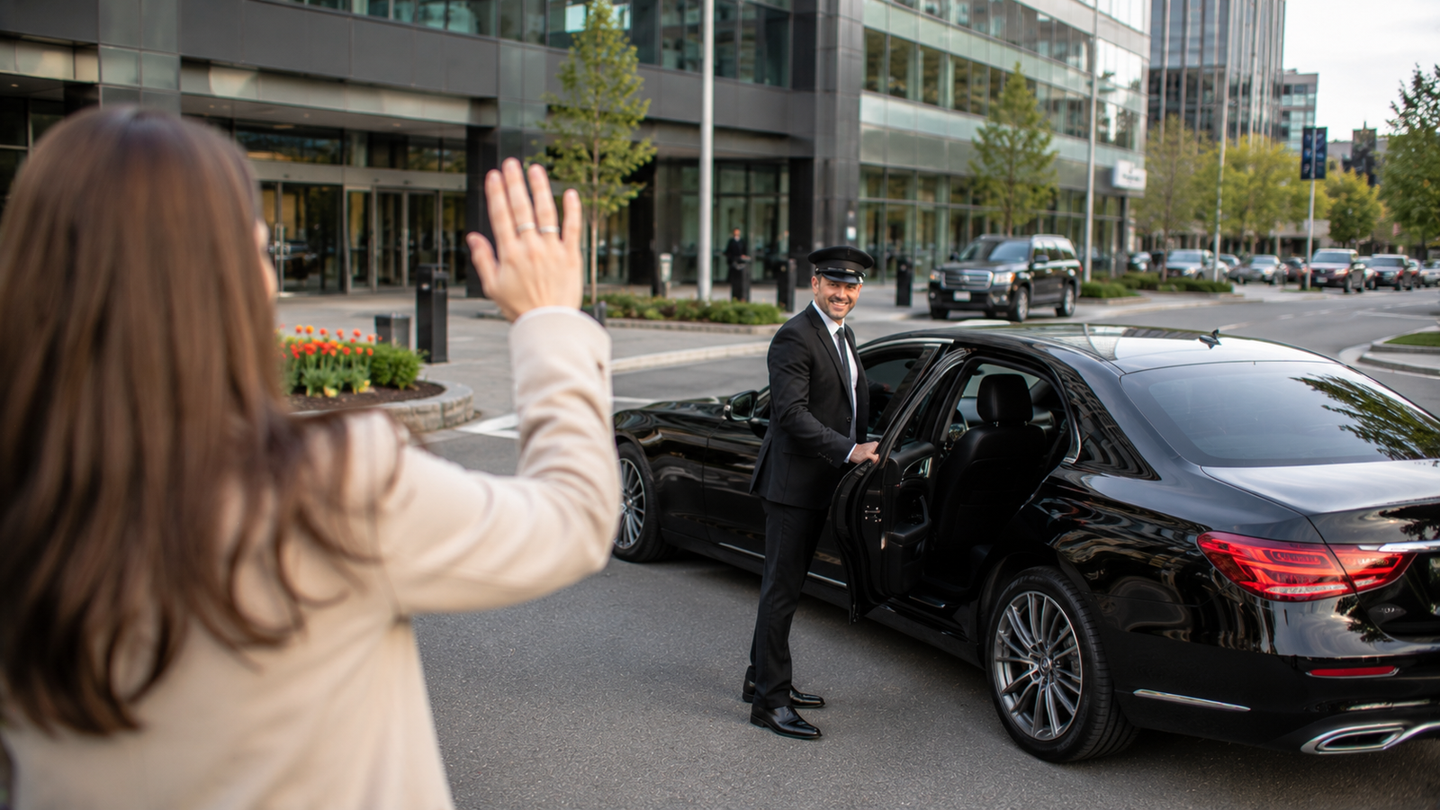 Black limousine parked on a Kanata, Ontario town street for airport transfer
