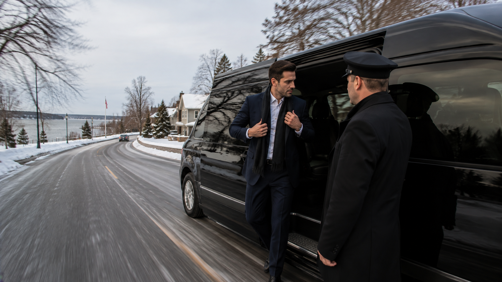 Professional driver preparing a luxury airport vehicle in Kenora, Ontario