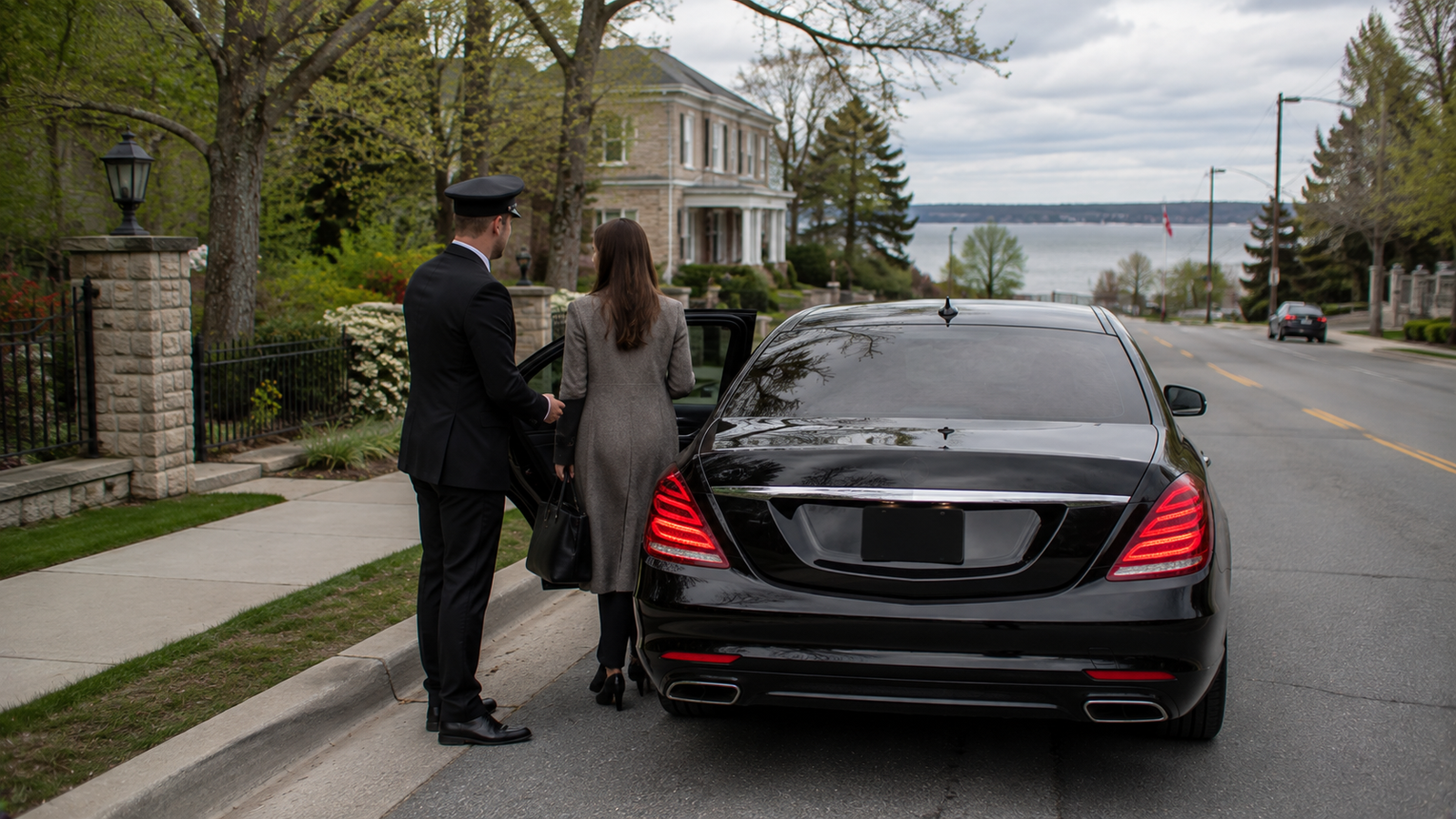 Black luxury airport limo sedan outside a modern terminal in Kingston, Ontario