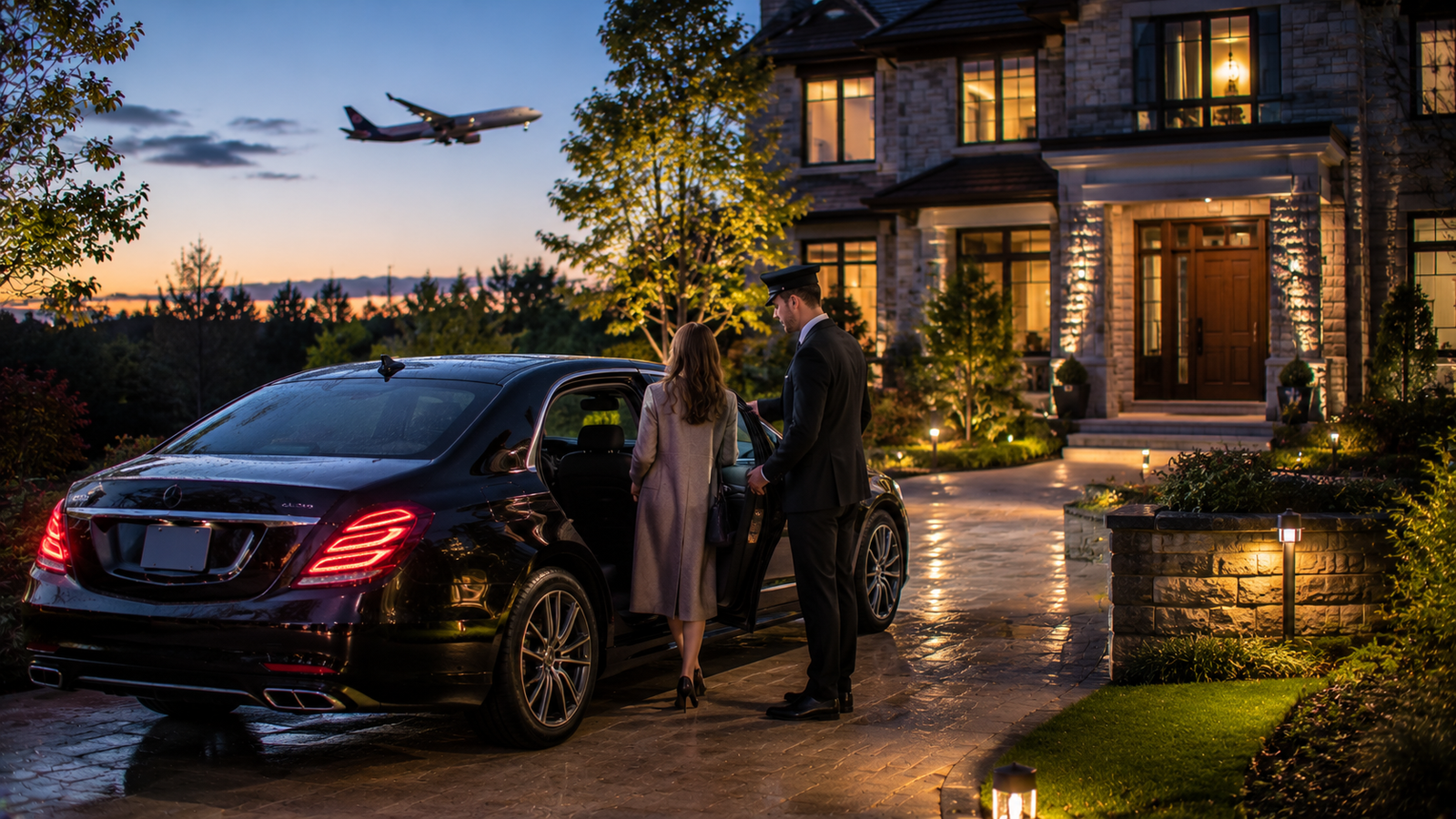 Airport limo with passenger luggage outside a Laurentian-Hills, Ontario pickup location