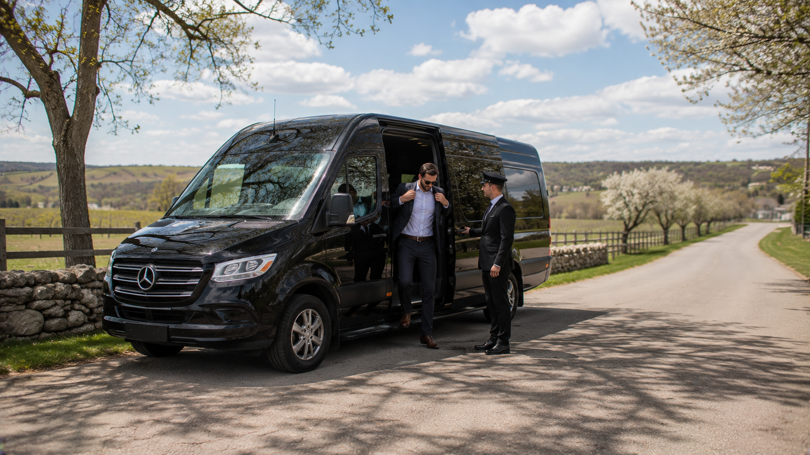 Chauffeur assisting a traveller beside a luxury airport car in Lincoln, Ontario