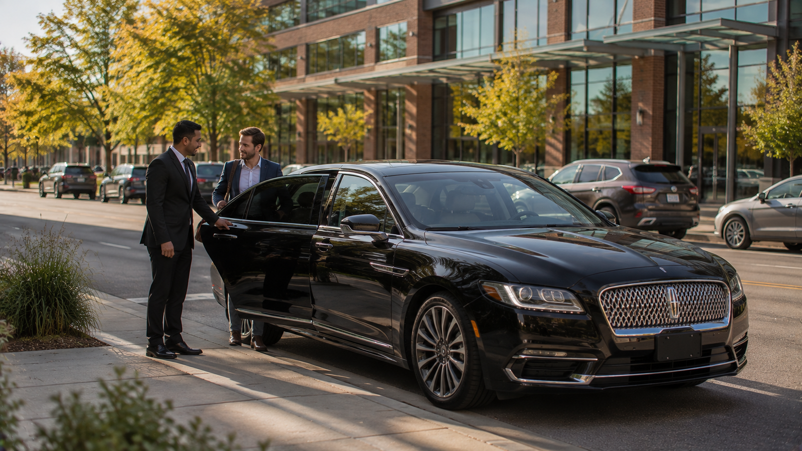 Black limousine parked on a Lindsay, Ontario town street for airport transfer