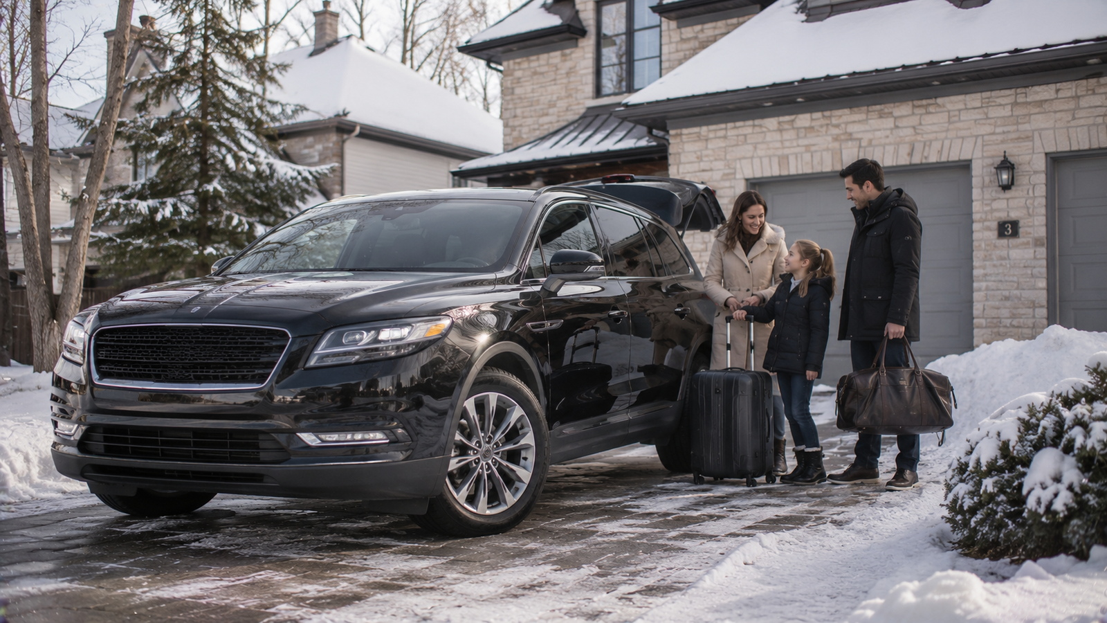 Luxury airport transfer vehicle arriving at a Listowel, Ontario residential pickup