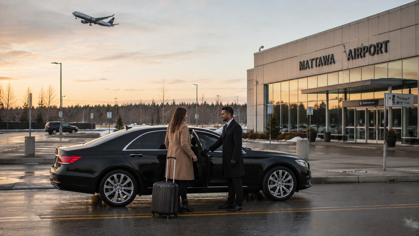 Black luxury airport limo sedan outside a modern terminal in Mattawa, Ontario