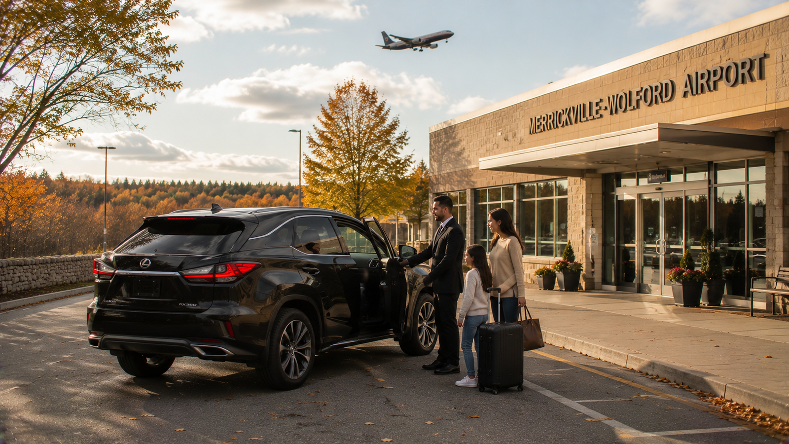Professional chauffeur opening a luxury SUV for a traveller in Merrickville-Wolford, Ontario