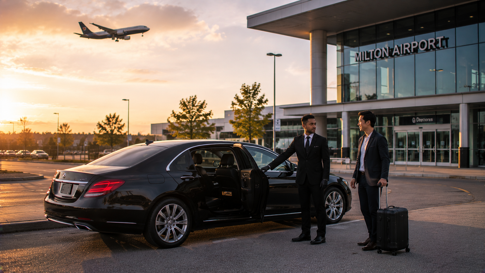 Airport limo with passenger luggage outside a Milton, Ontario pickup location
