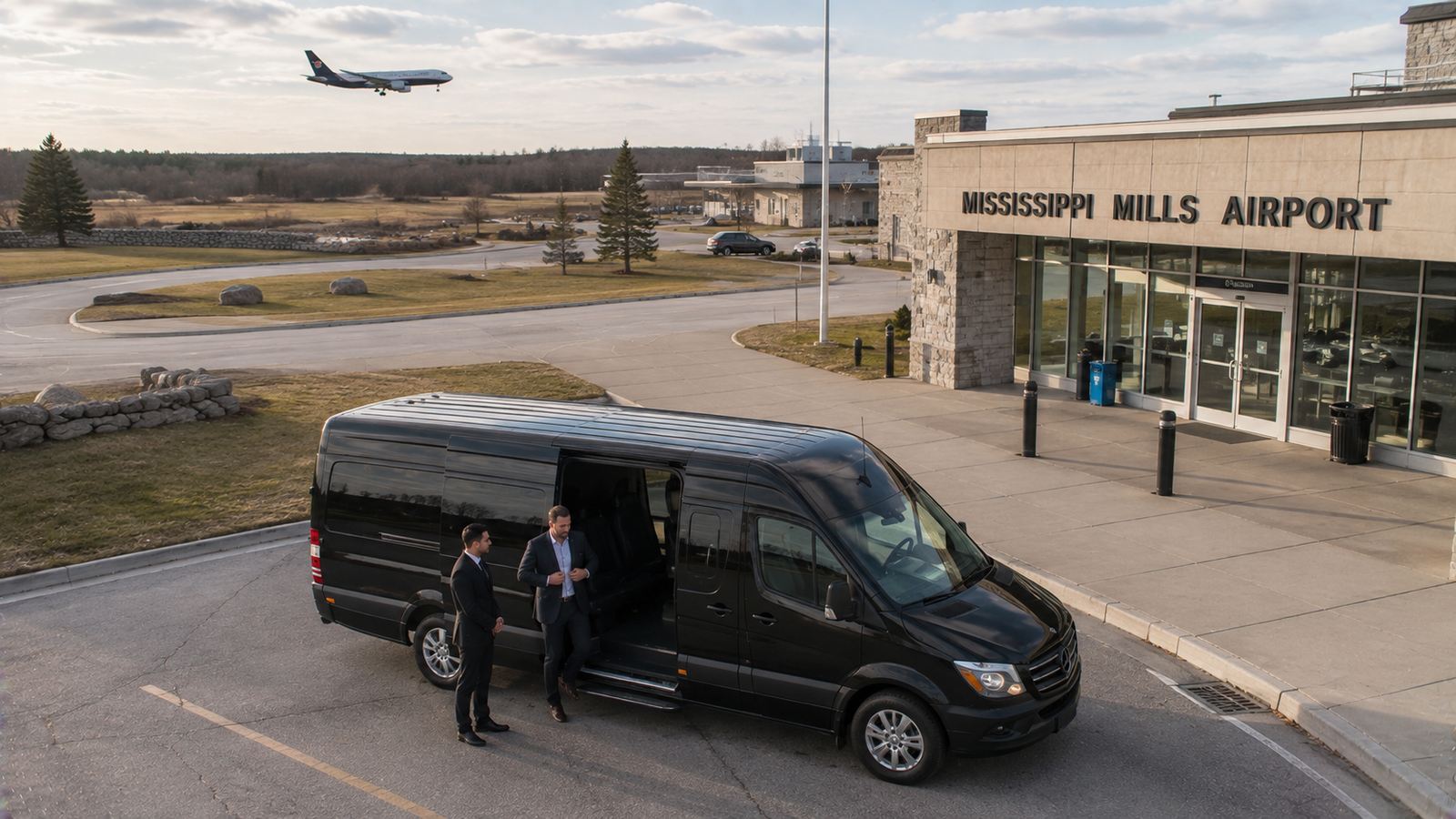 Chauffeur assisting a traveller beside a luxury airport car in Mississippi-Mills, Ontario