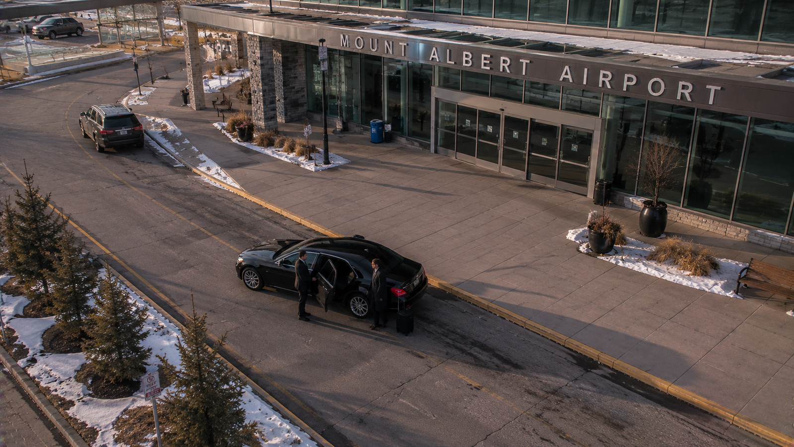 Black limousine parked on a Mount Albert, Ontario town street for airport transfer
