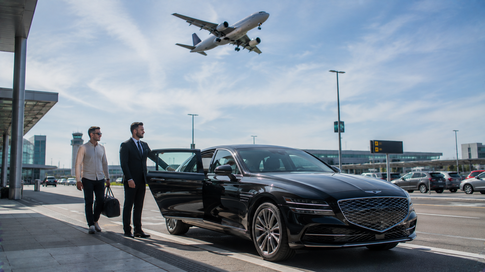 Airport limo with passenger luggage outside a Nottawasaga, Ontario pickup location