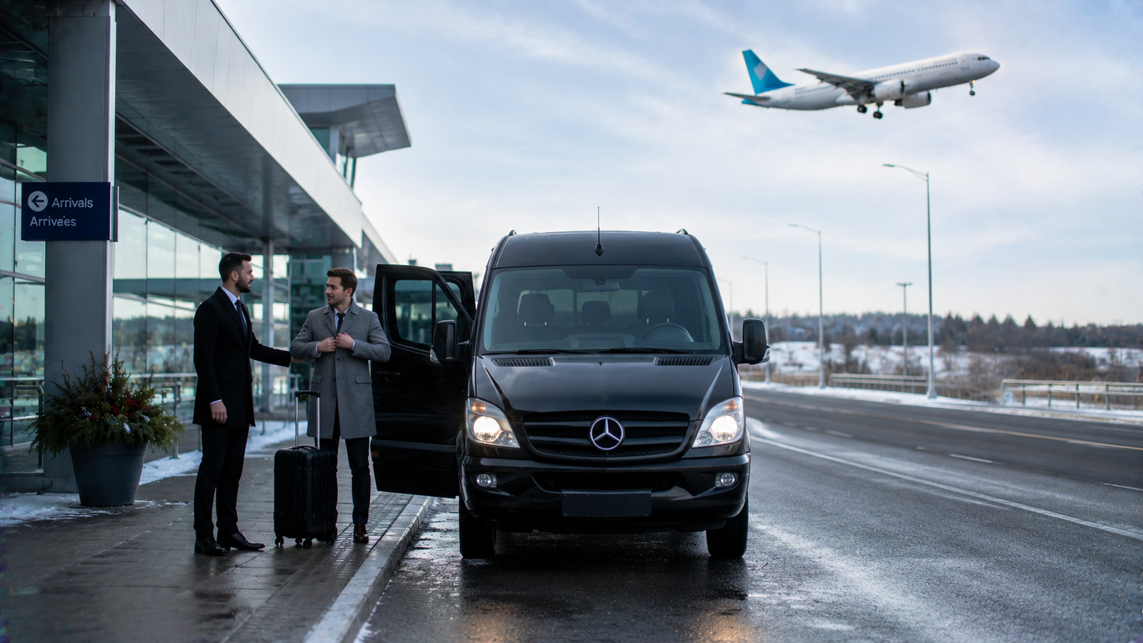 Chauffeur assisting a traveller beside a luxury airport car in Orillia, Ontario