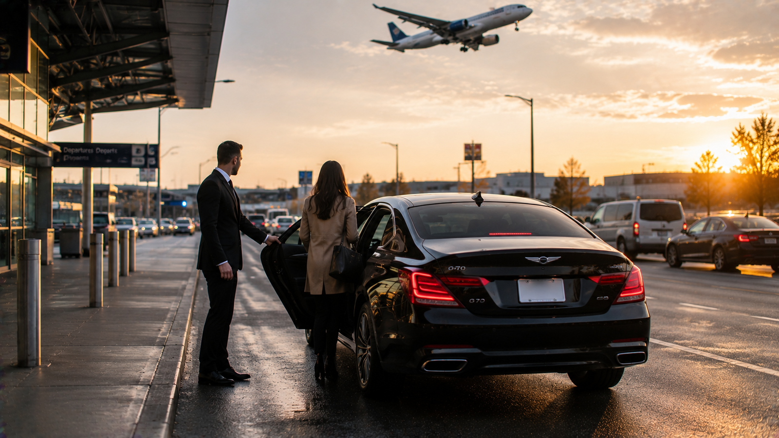 Black limousine parked on a Oshawa, Ontario town street for airport transfer