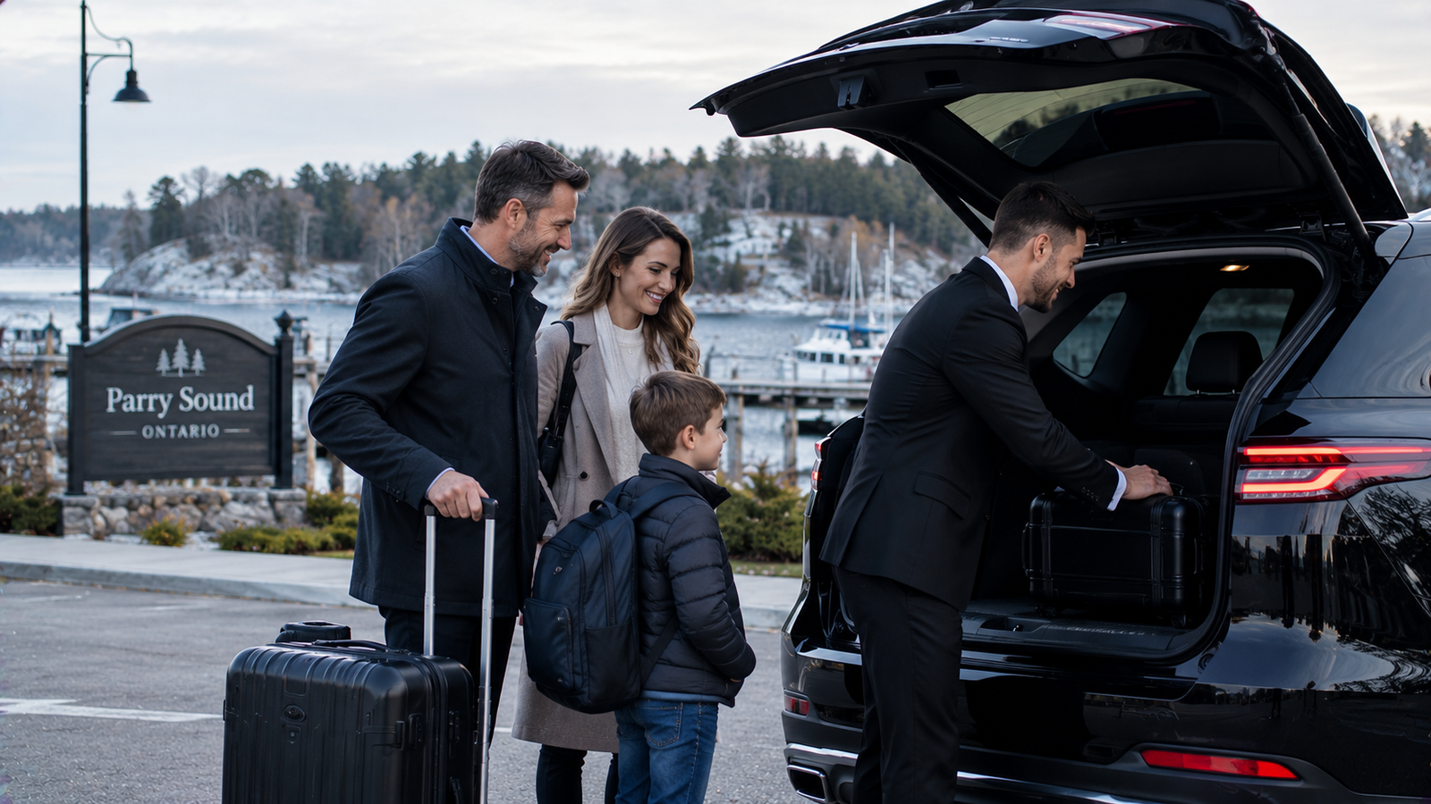Luxury airport car travelling through the Parry Sound, Ontario countryside