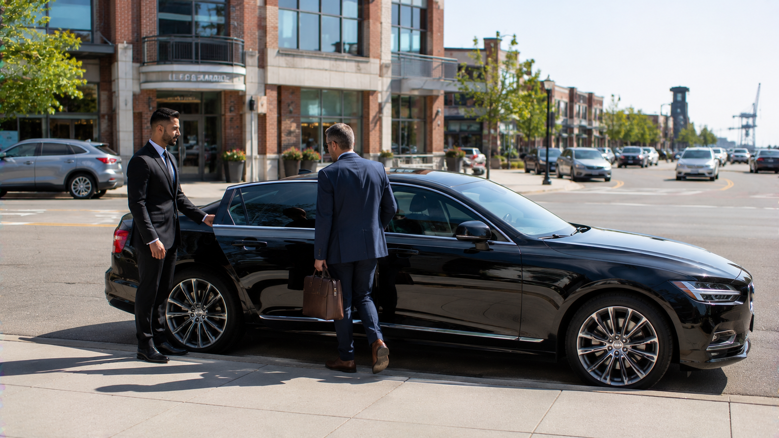 Black limousine parked on a Port Colborne, Ontario town street for airport transfer
