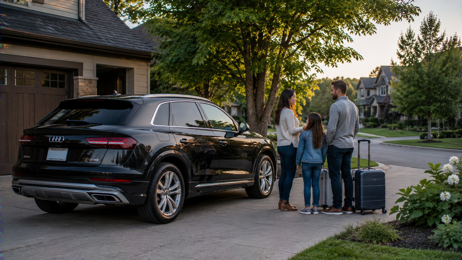 Luxury airport transfer vehicle arriving at a Port Elgin, Ontario residential pickup