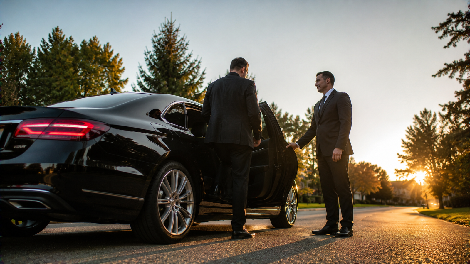 Black luxury airport limo sedan outside a modern terminal in Primrose, Ontario
