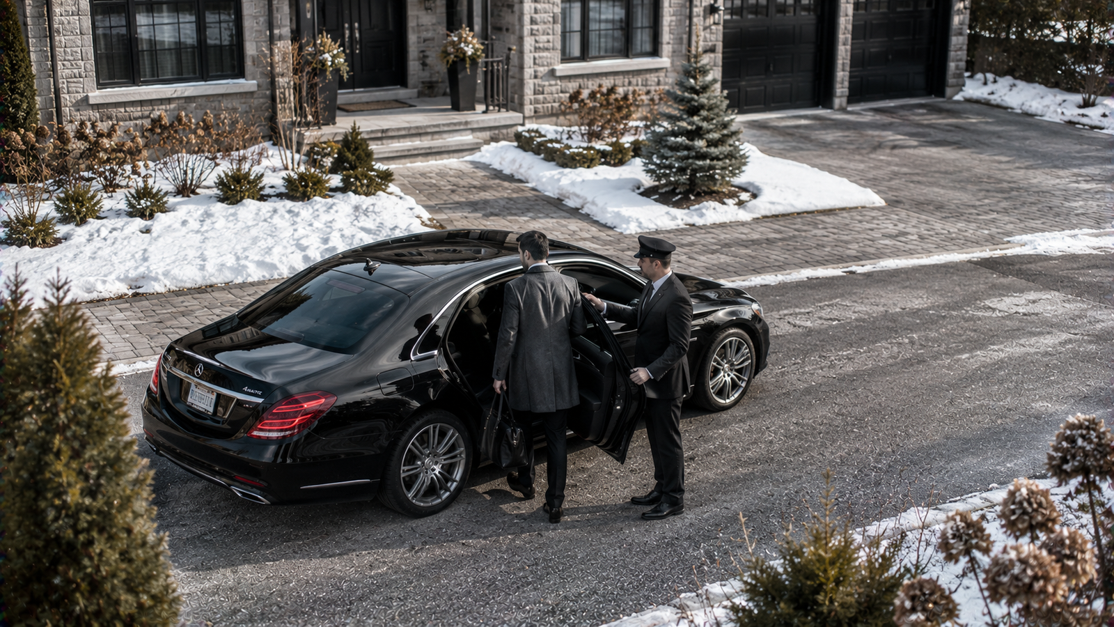 Airport limo with passenger luggage outside a Renfrew, Ontario pickup location